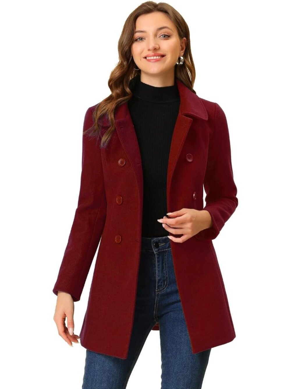 Women Dark Red Fully lined Peter Pan Collar Double Breasted Long Trench Pea Coat
